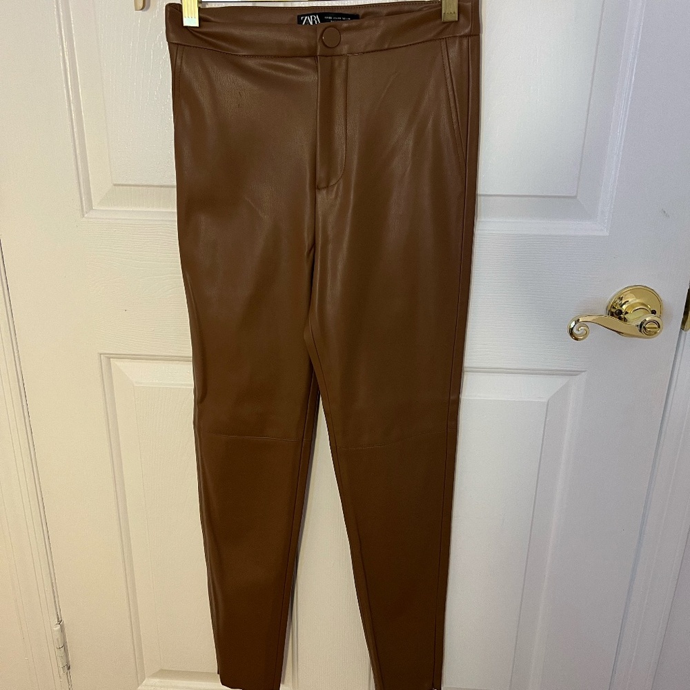 Zara Brown Vegan Leather Skinny Pants